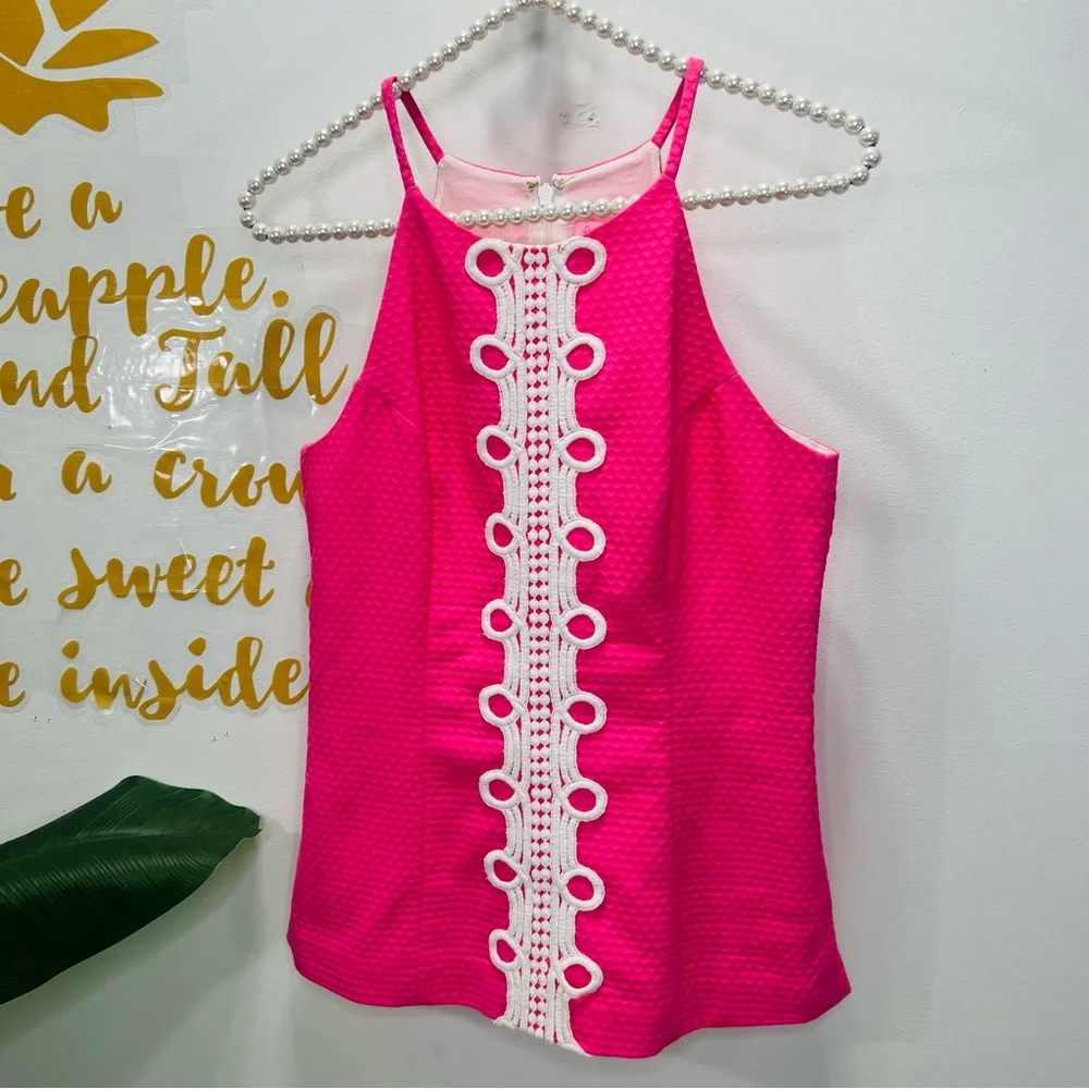 LILLY PULITZER Annabelle Pink White Halter Tank Top Blouse Size 0 - Picture 2 of 11
